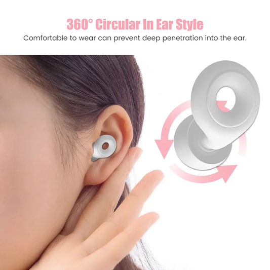 360 degrees in ear style noise reduction ear plugs. Comfortable to wear. Easy to use and sleep well even with a snoring partner.