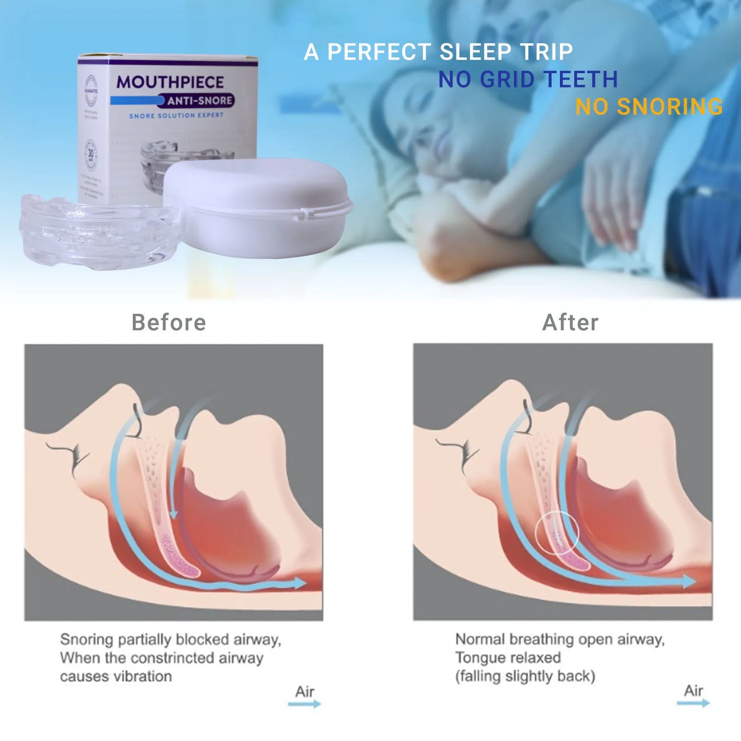 Enjoy perfect sleep with the anti snore mouth piece.