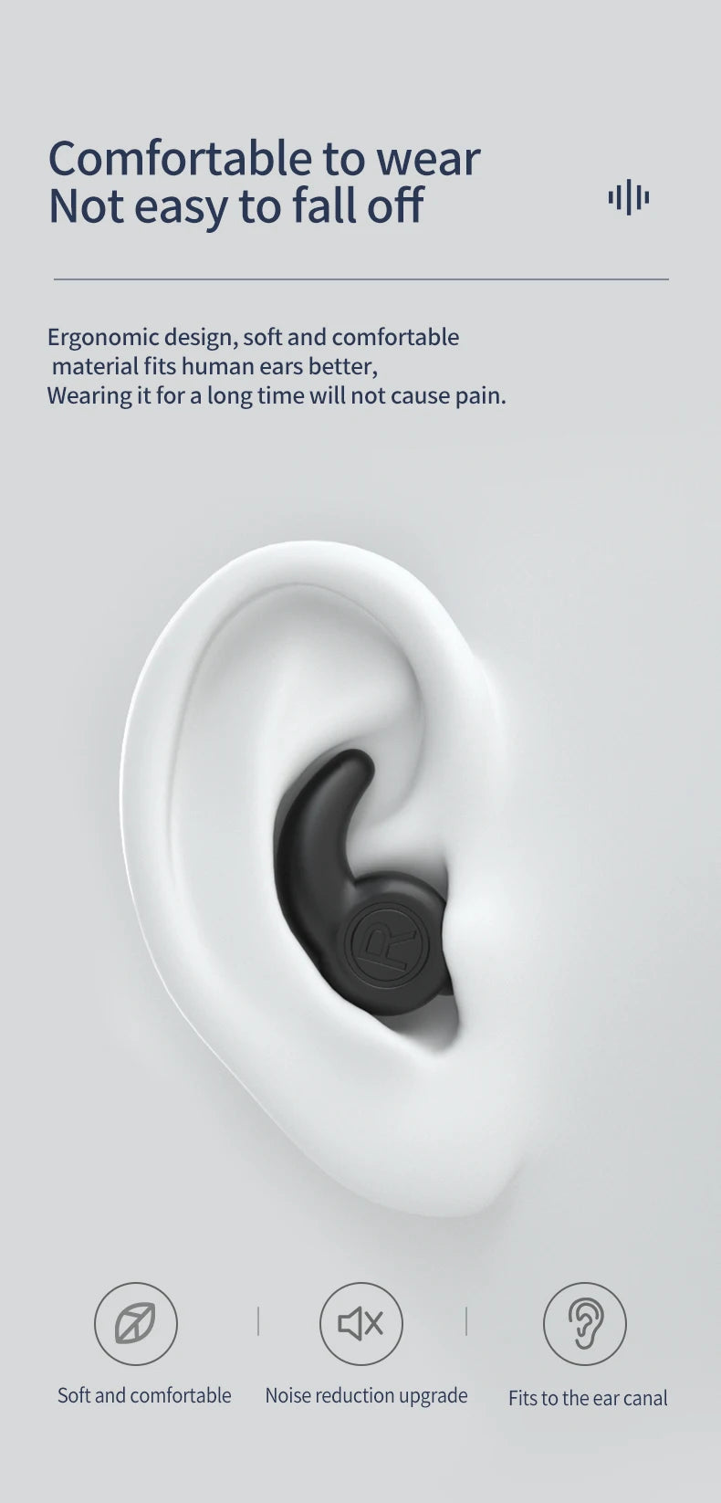 Ergonomic earbud design with text on comfort and ease of use.