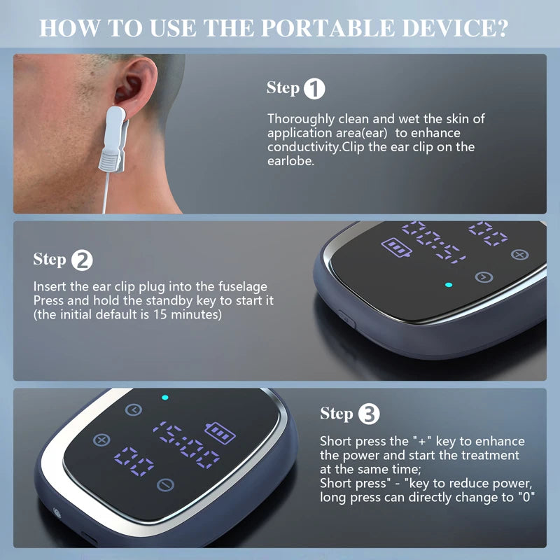 Instructions on how to use a KTS CES 2.0 sleep aid with ear clip. 3 step easy process.