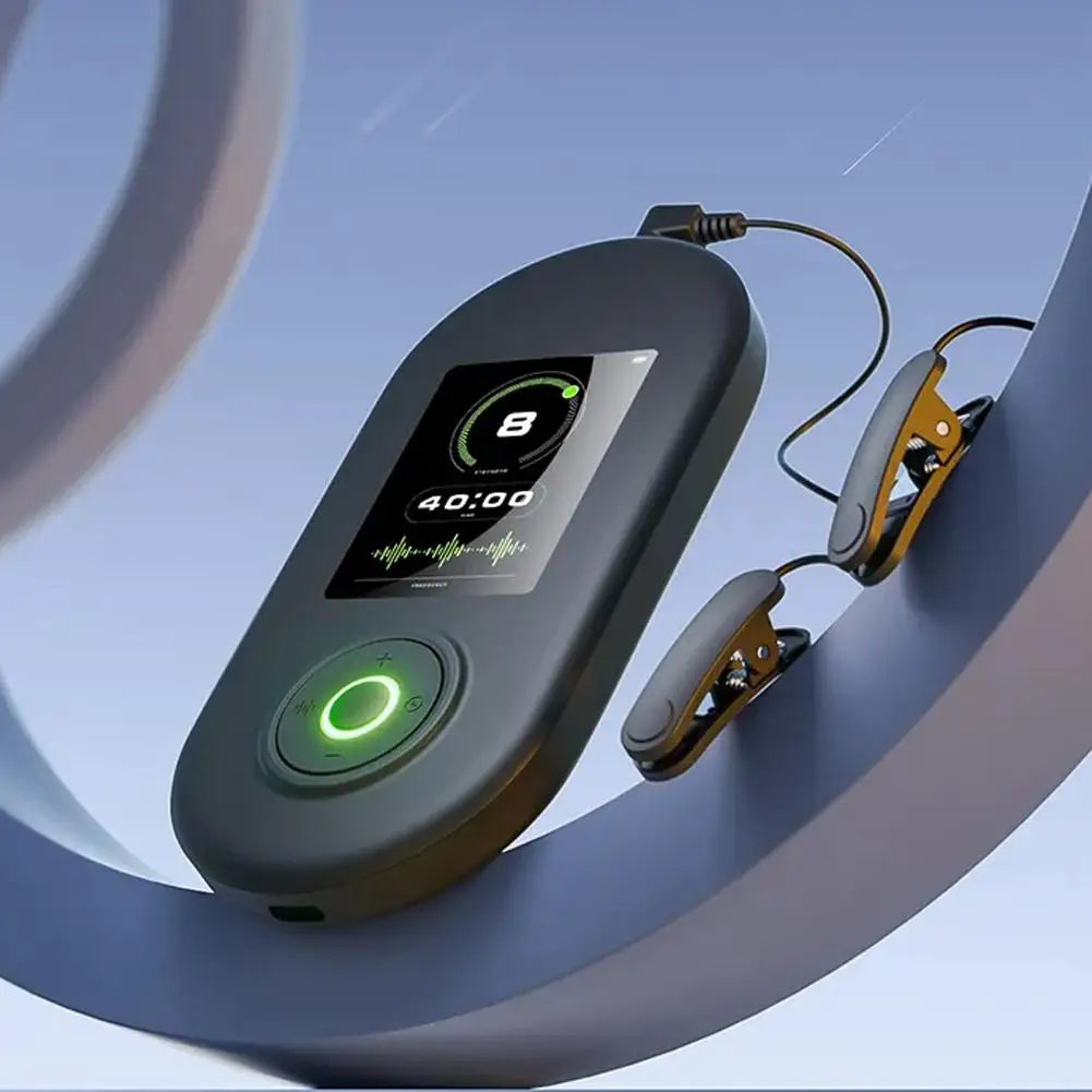 Close up view of the Cranial Electrotherapy Stimulation (CES) sleep aid with ear clip.