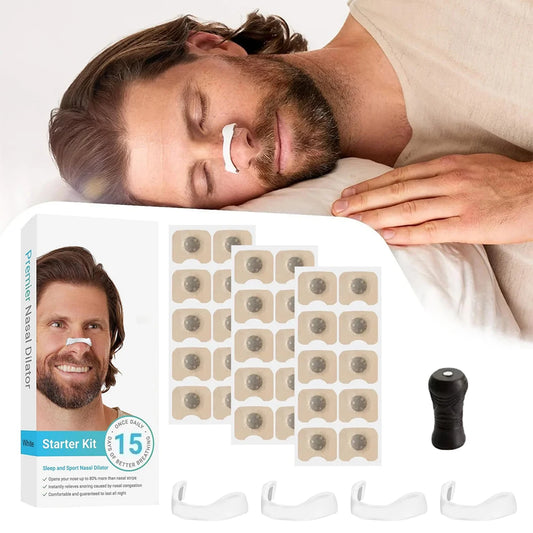 Man lying down with a nasal dilator nose strip, showing a starter kit with adhesive patches and a black device.