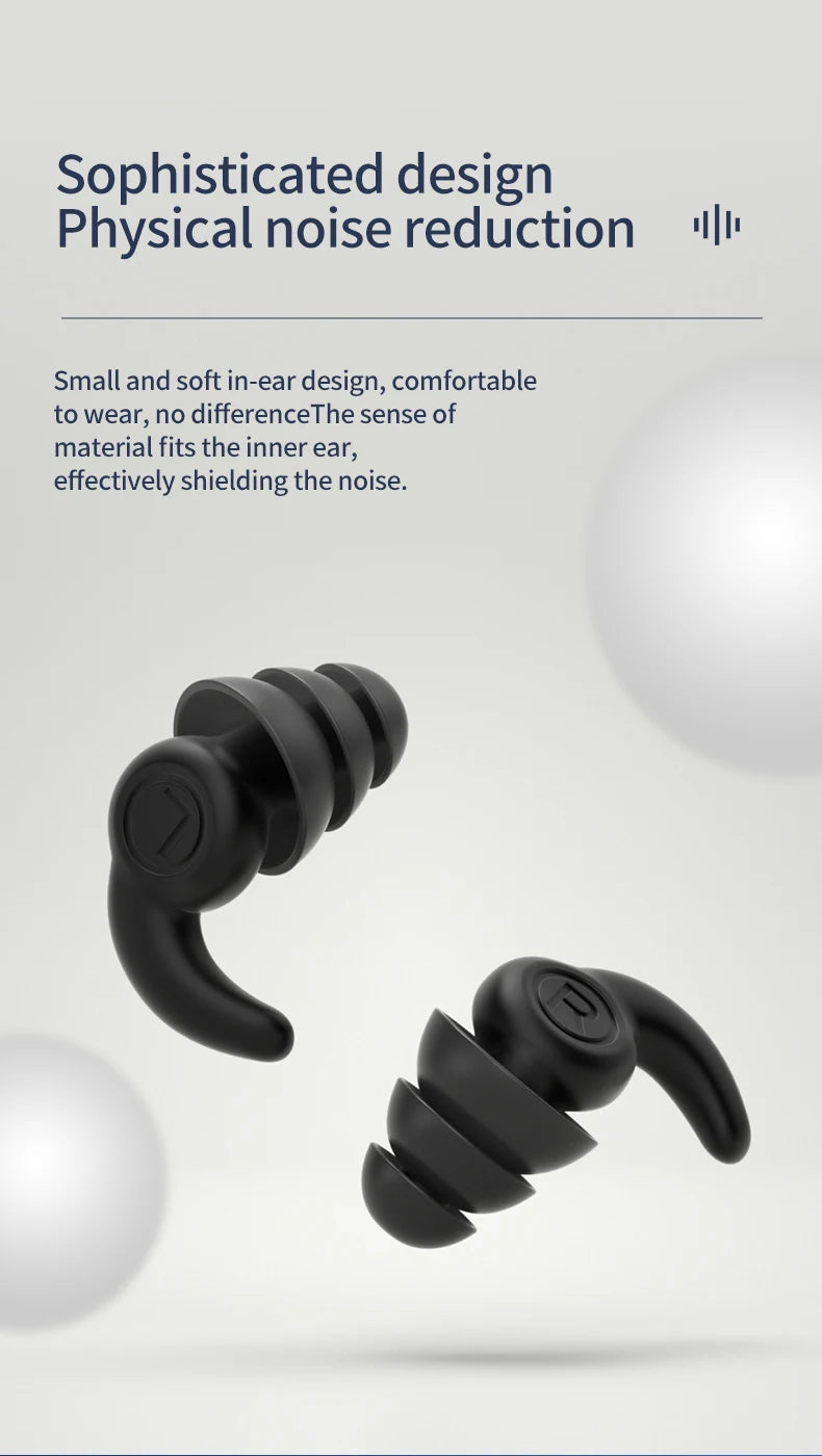 Black earbud with text on a white background