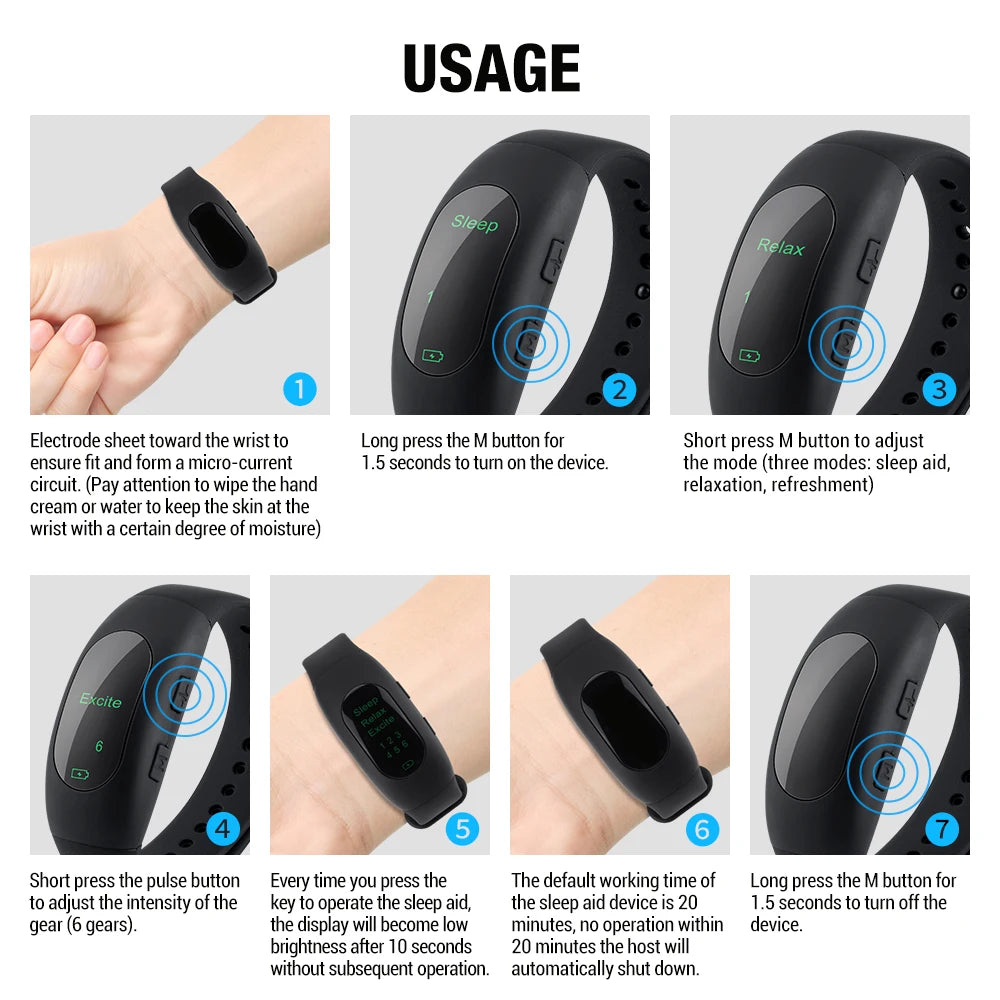 Usage instructions for the CES micro-current wristband with 7 different features.