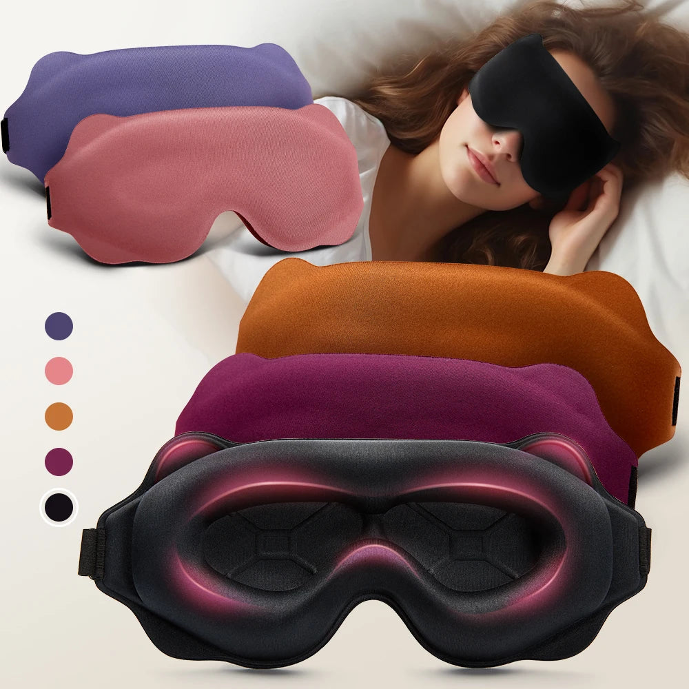 Woman wearing a black sleeping eye mask with different colour options.