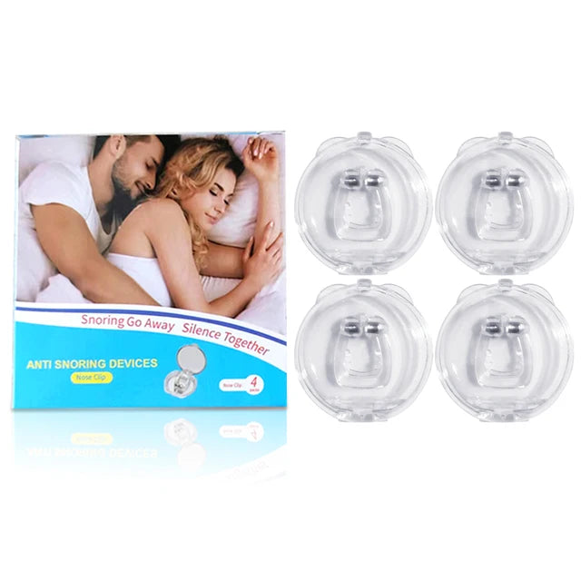 Anti-snoring devices with packaging featuring a couple in bed. Pack of 4s.