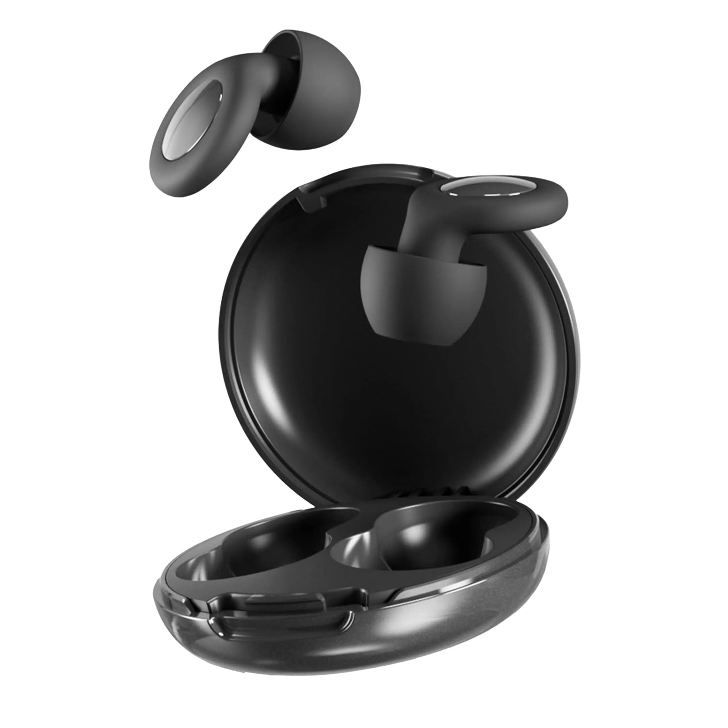 Black wireless noise reduction earbuds with charging case.