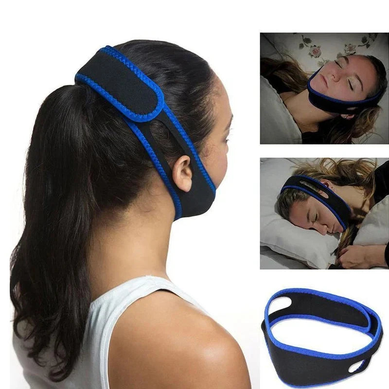 Blue and black anti snoring chin strap worn by a person with additional images of people wearing it.