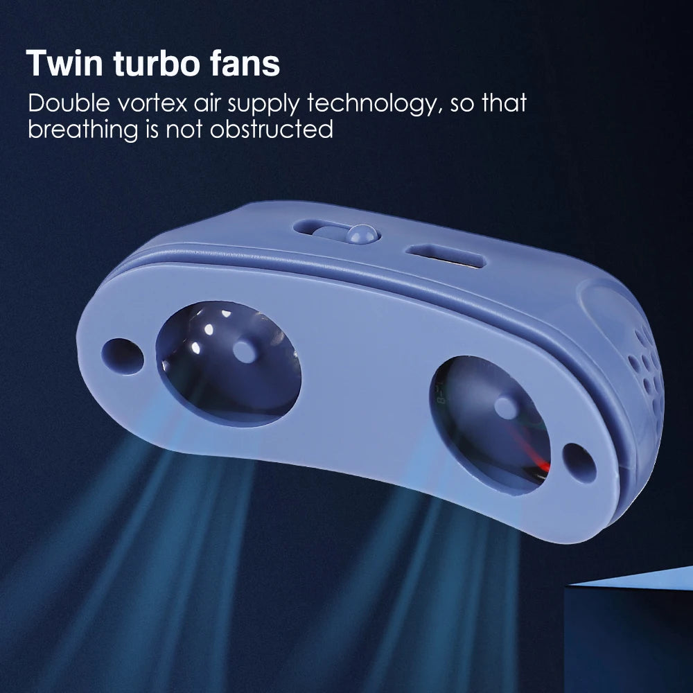 Electric anti snoring device with twin turbo fans to help breathing well during sleep.
