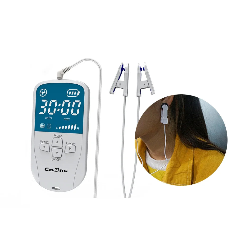 Woman using the Cozinc brand CES Micro-current sleep device clipped on ear.