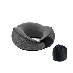Black Travel pillow U-shaped with portage drawstring pouch.