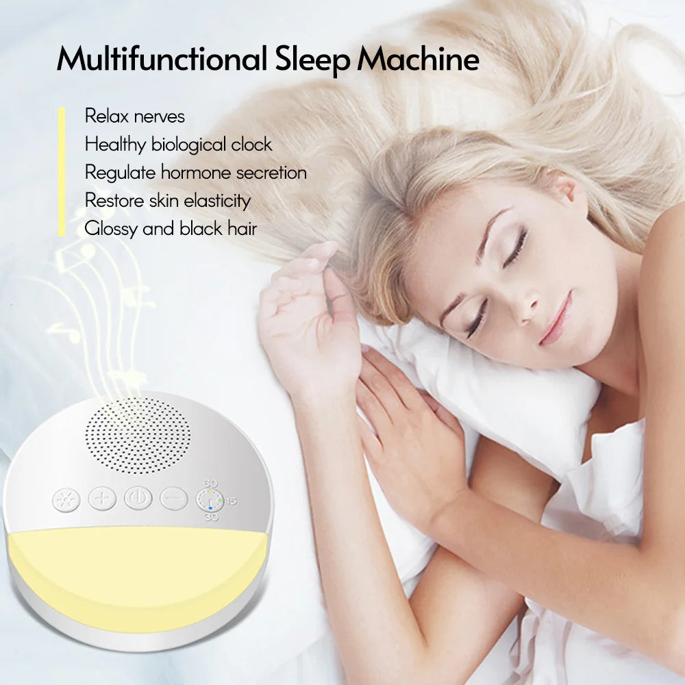 Woman sleeping soundly next to a white noise machine that relaxes her.