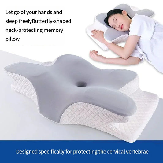 Comfortable side sleeping with butterfly-shaped neck protecting memory foam pillow. Prevents snores.