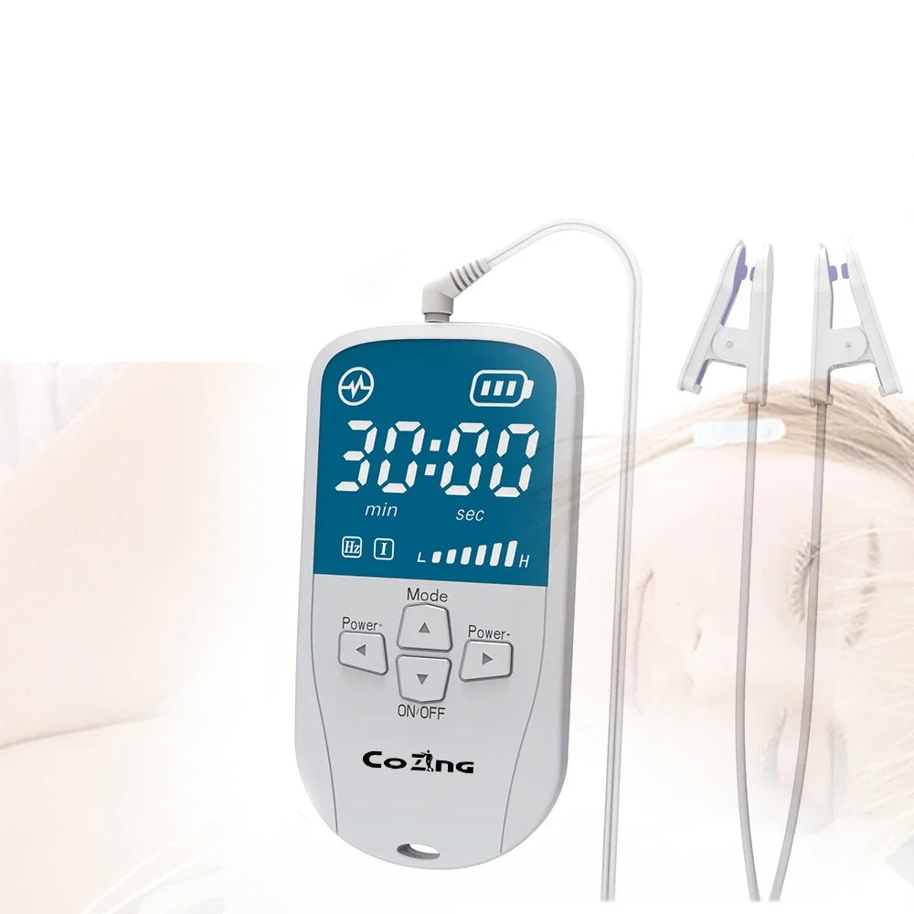 Cozinc brand CES Micro-current sleep device with ear clip used by a lady sleeping.