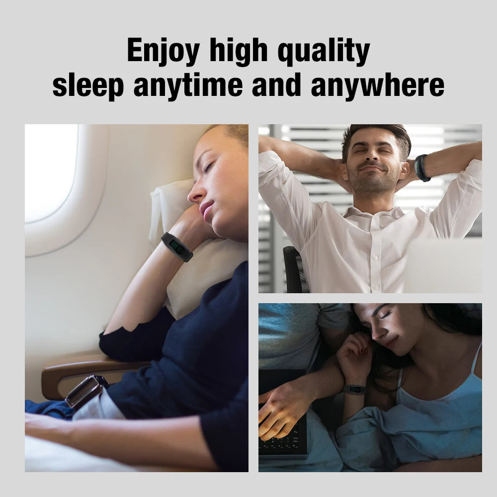 People sleeping well while wearing the CES Micro-current sleep wristband. Use at home and during travels.
