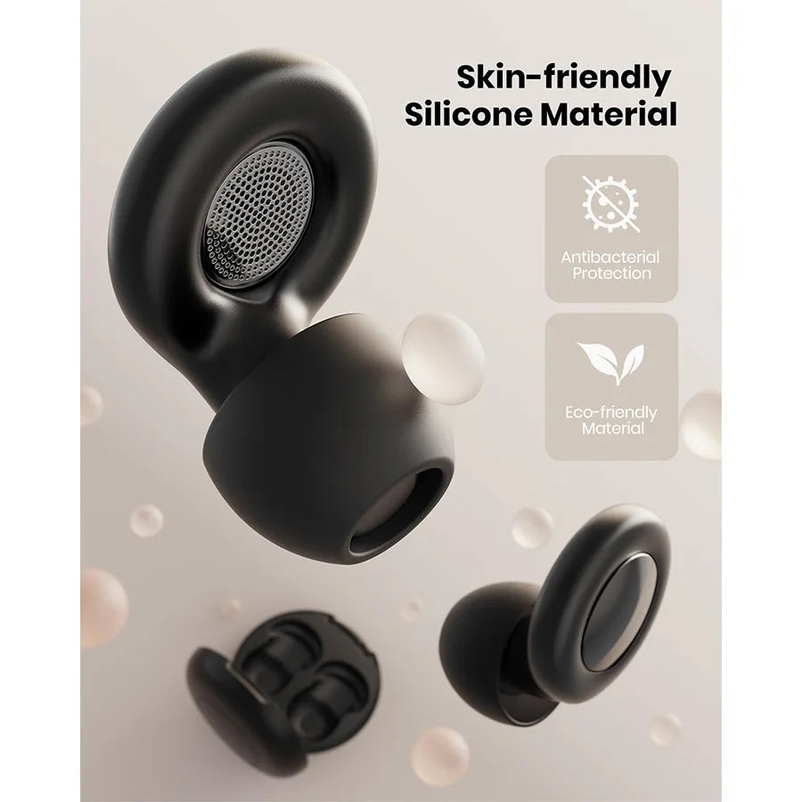 Black silicone noise reduction earbuds with antibacterial and eco-friendly material that are skin-friendly.
