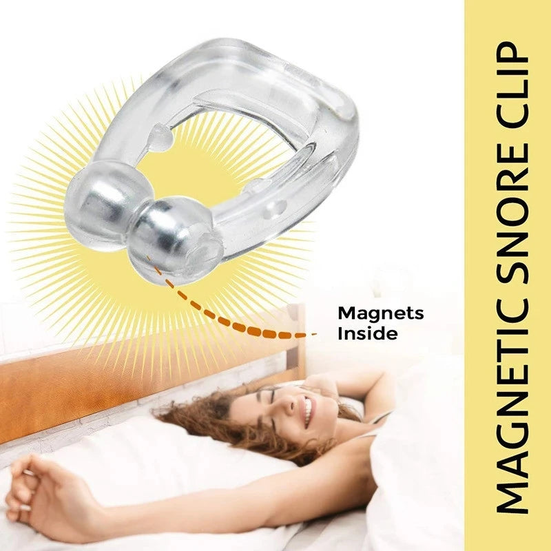 Magnetic sleep apnea anti-snore clip with a woman just woke up from a deep sleep.