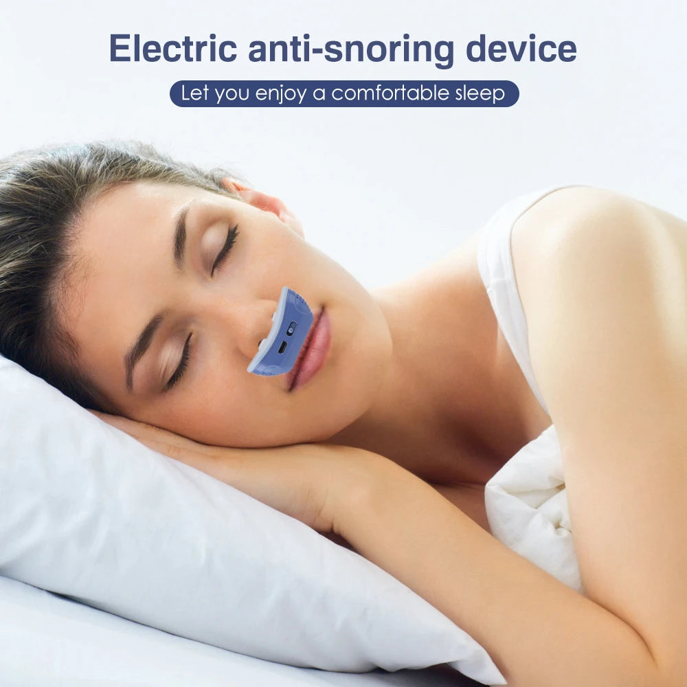 Woman sleeping with an electric anti-snoring device and sleeping comfortably.