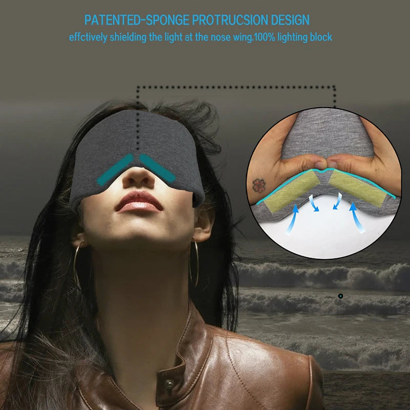 Woman wearing a grey sleep mask with a close-up inset showing the patented sponge protrusion design.