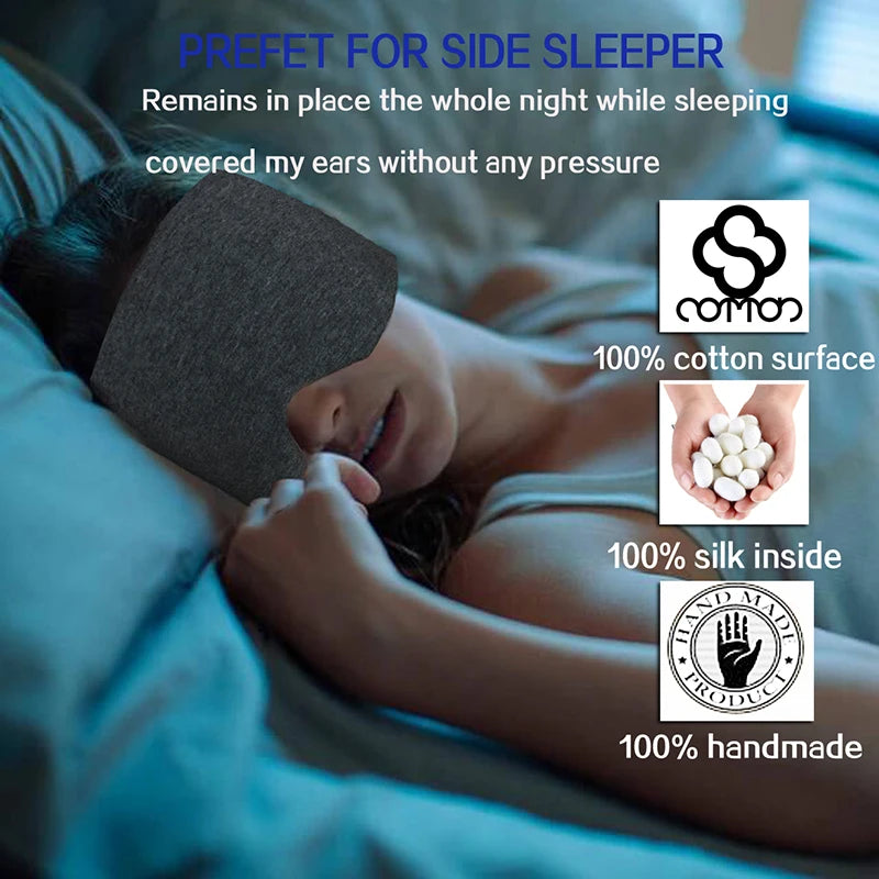 Woman sleeping and wearing a grey extra large eye mask to block out light. Mask made of cotton silk and 100% handmade quality.