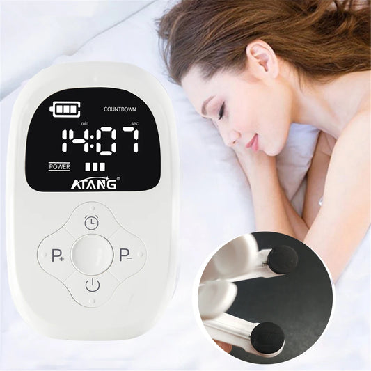 Sleeping device uses Cranial Electrotherapy Stimulation (CES)  therapy to reduce tension, reduce stress, anxiety, improve mood, emotions, insomnia.