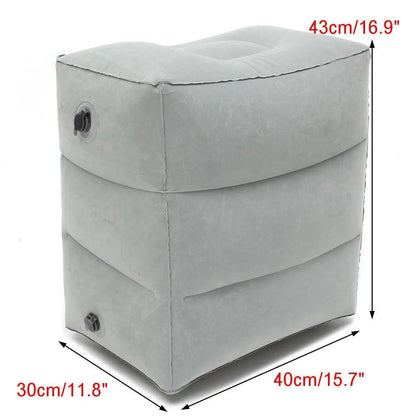 Gray inflatable ottoman with dimensions.