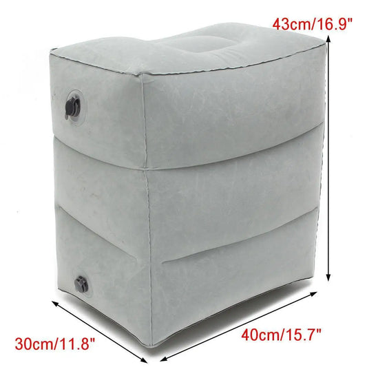 Gray inflatable ottoman with dimensions.