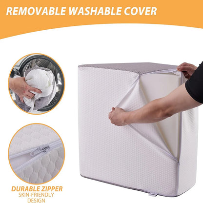 Mattress protector with washable cover and durable zipper, shown with a person opening the cover.