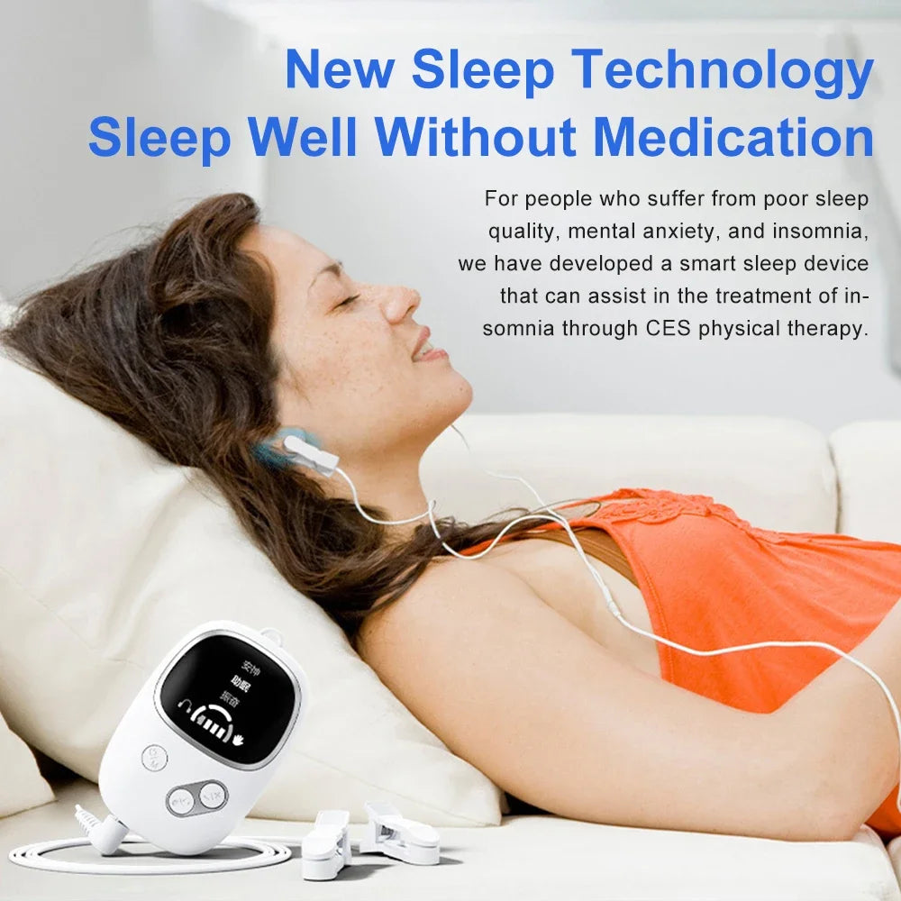 Sleeping device uses Cranial Electrotherapy Stimulation (CES)  therapy to reduce tension, reduce stress, reduce anxiety, improve mood, emotions, insomnia for better sleep.