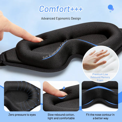 Black sleep mask with breathable fabric and ergonomic design , providing zero pressure to eyes and fit the nose contour for ease of use.