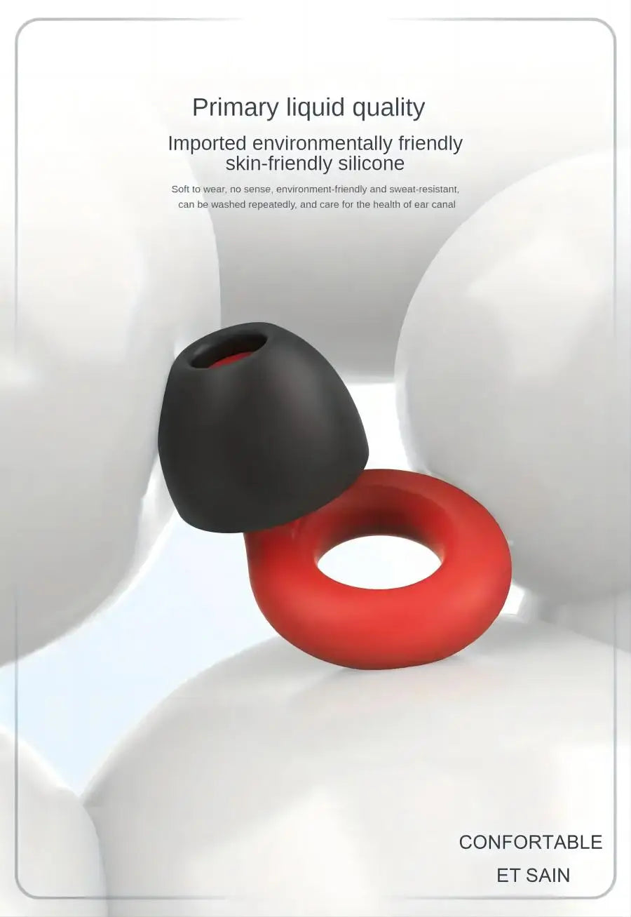 Red and black noise reduction earbuds with skin friendly silicone.