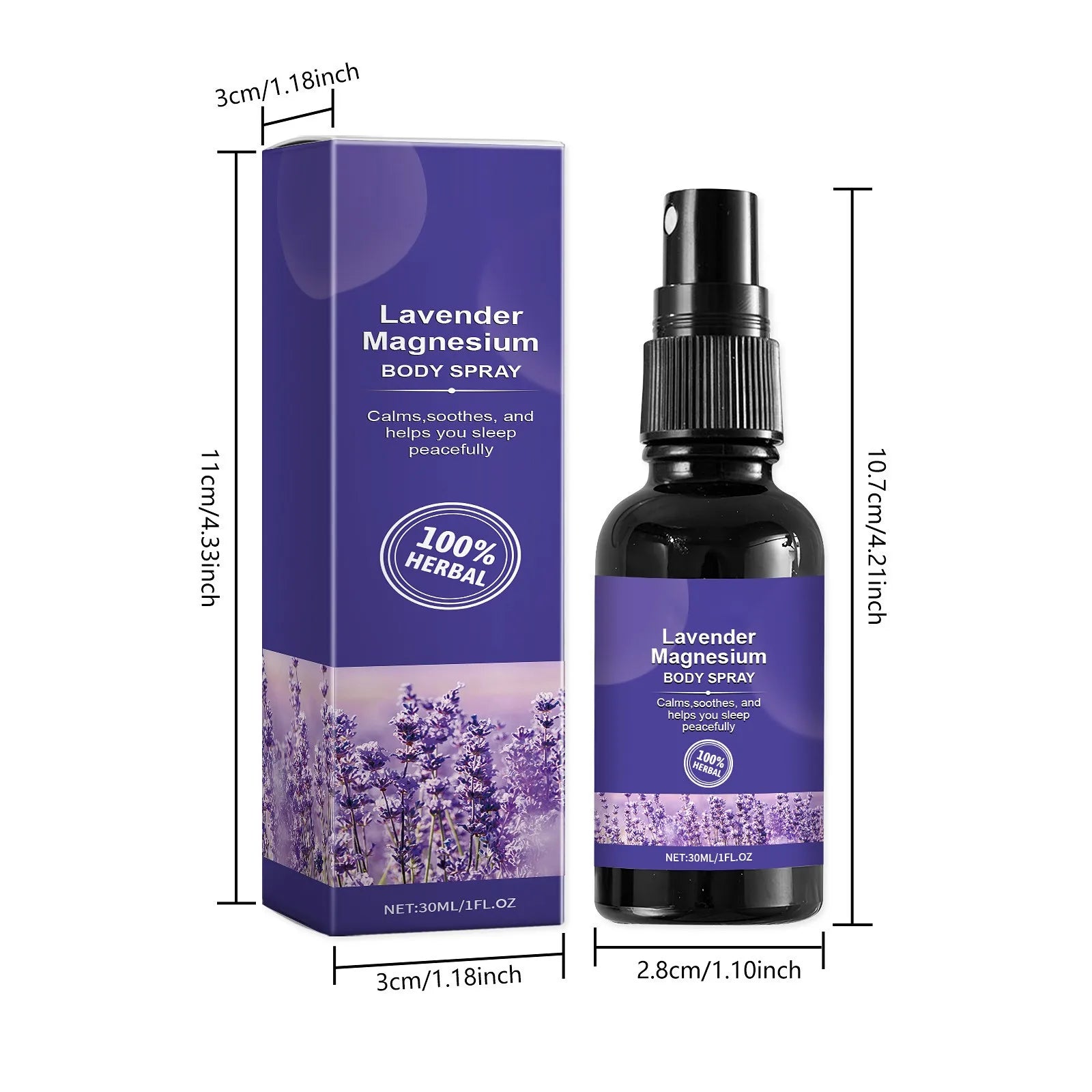 Lavender magnesium body spray size of bottle and packaging.