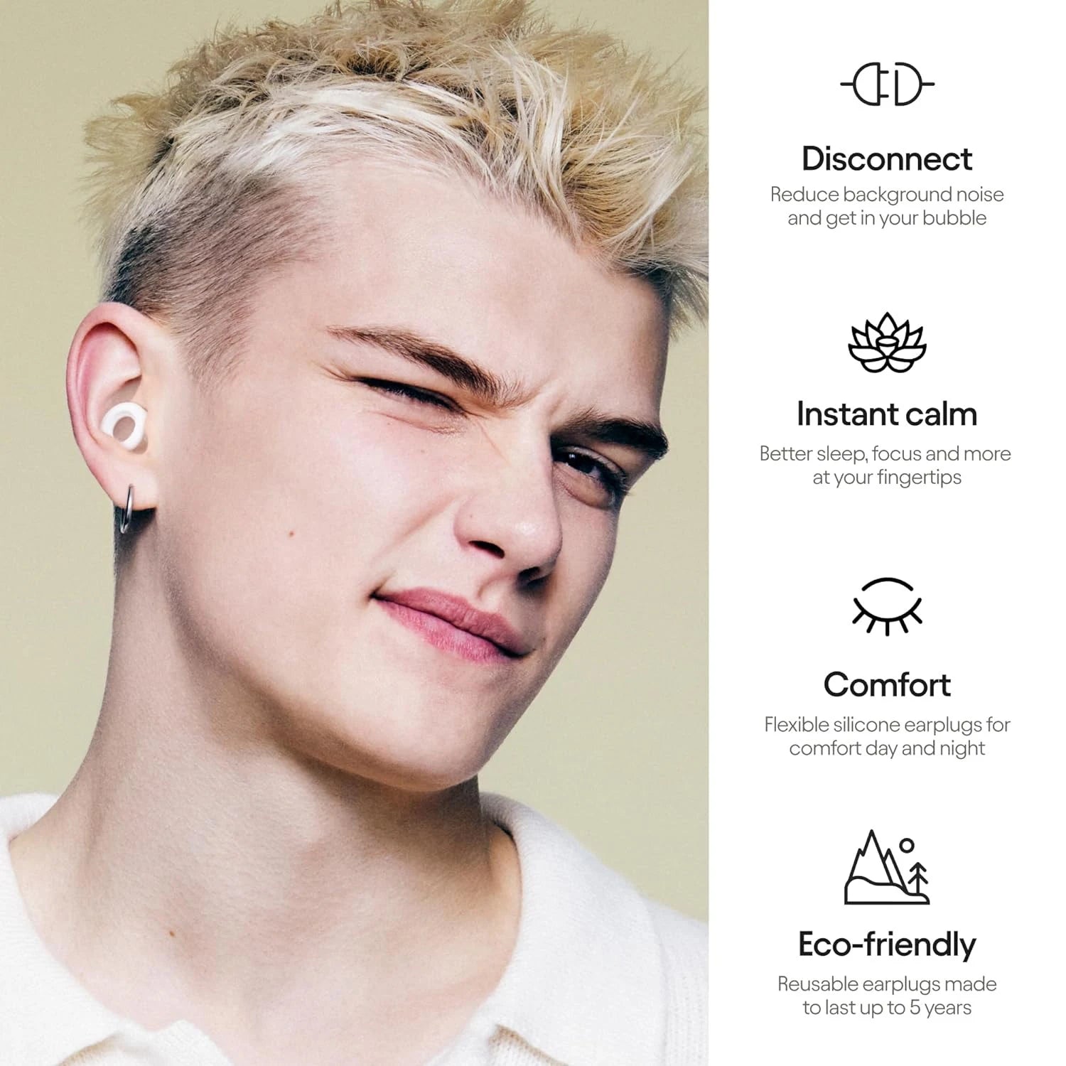 Person wearing earplugs with product features on the right