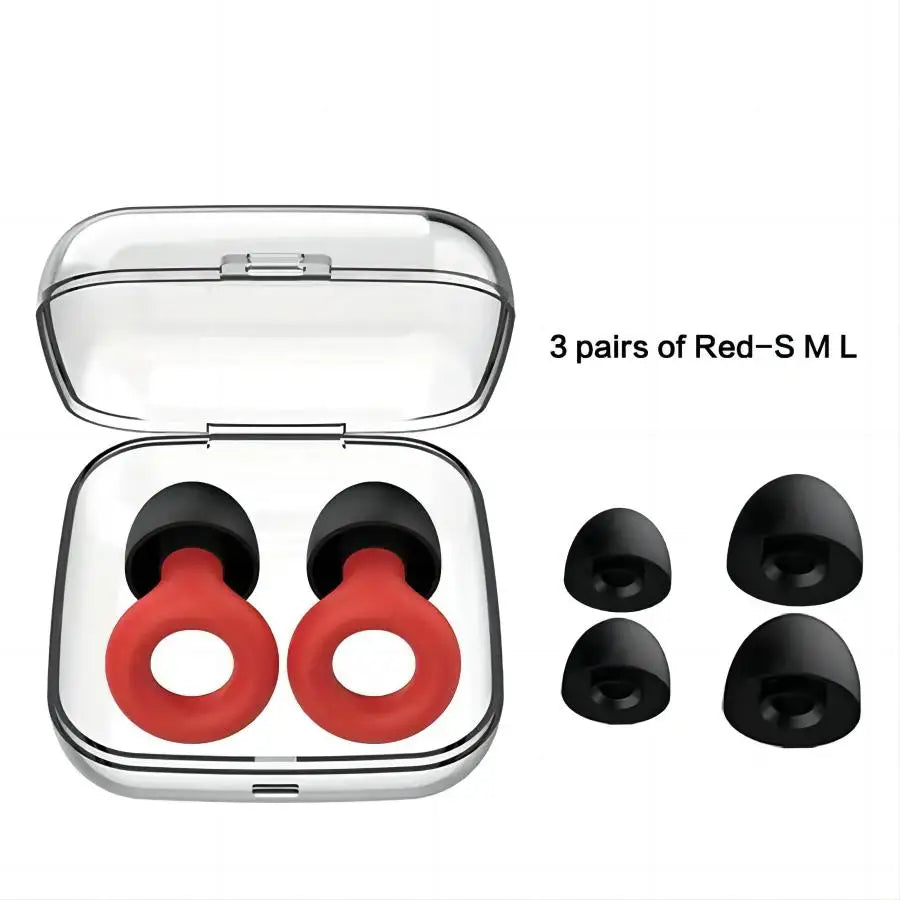 Red and black noise reduction earbuds with different sizes and carrying case.