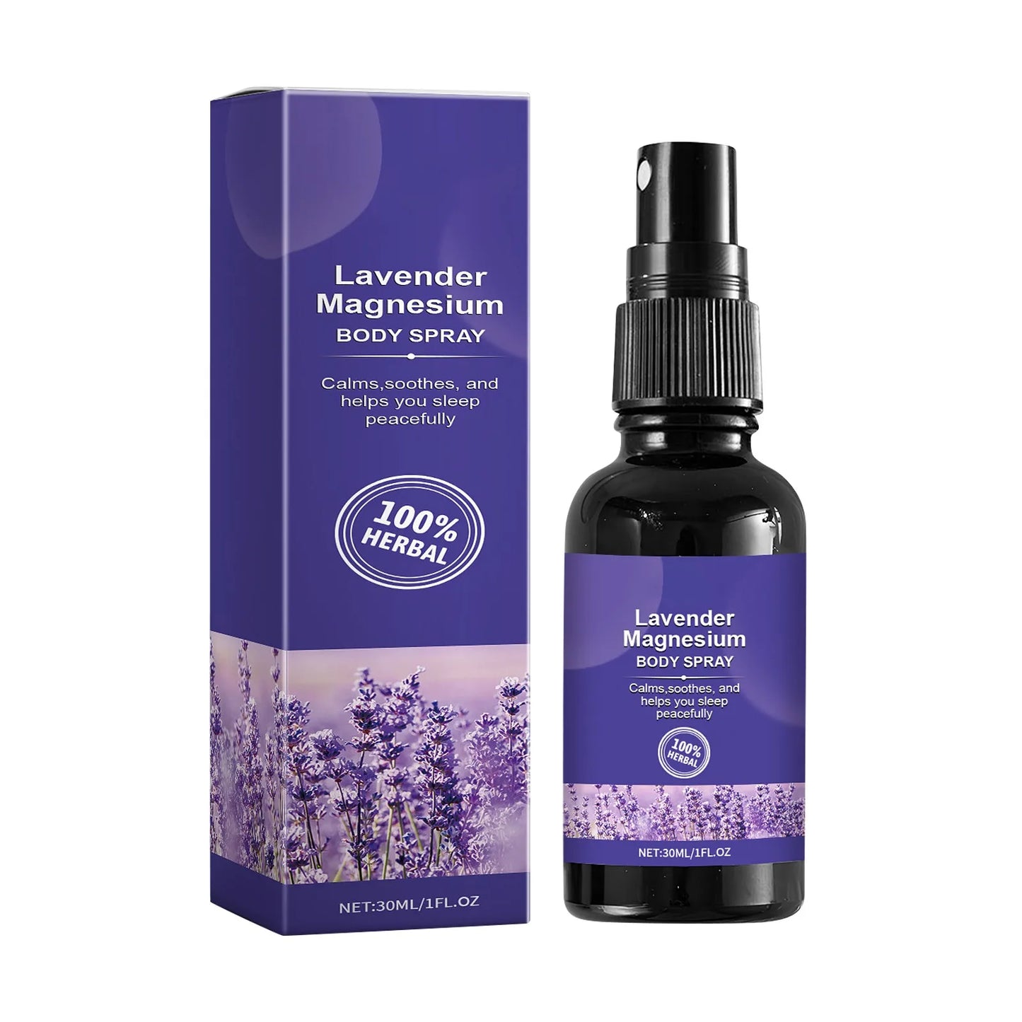 Lavender magnesium body spray with packaging on a white background.