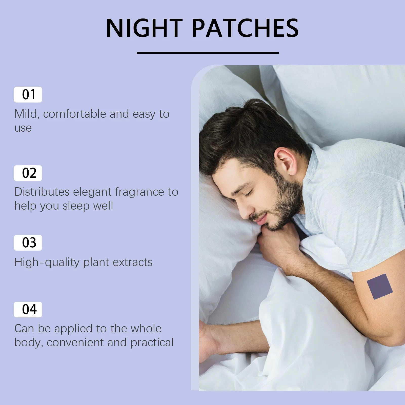 Man laying on bed with the sleep patch on his shoulder. 