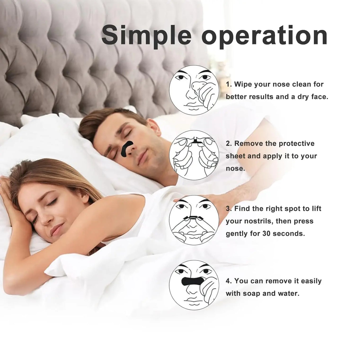 Diagram showing a man and woman lying in bed with step-by-step instructions for using a product on their noses.