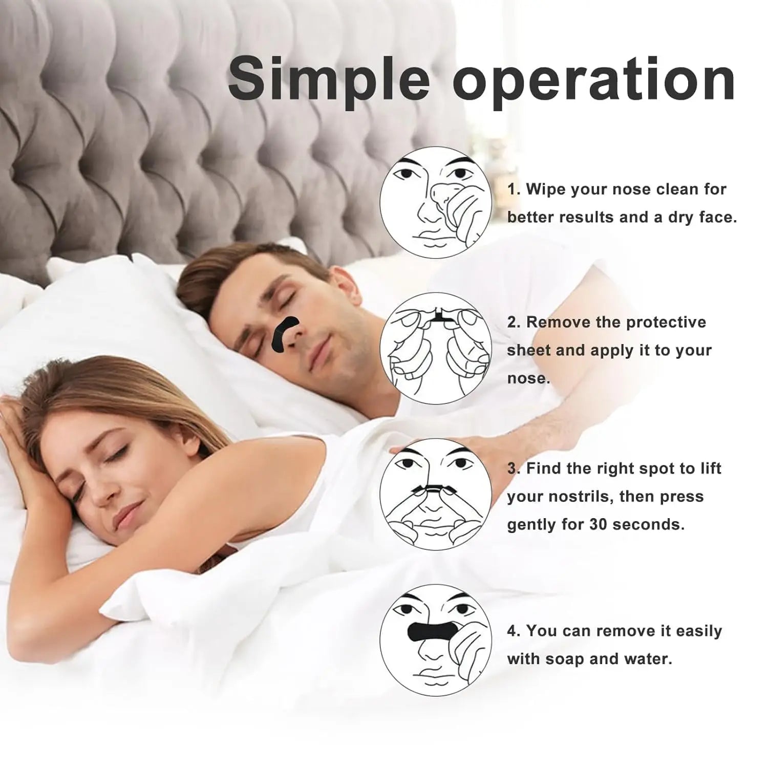 Diagram showing a man and woman lying in bed with step-by-step instructions for using a product on their noses.
