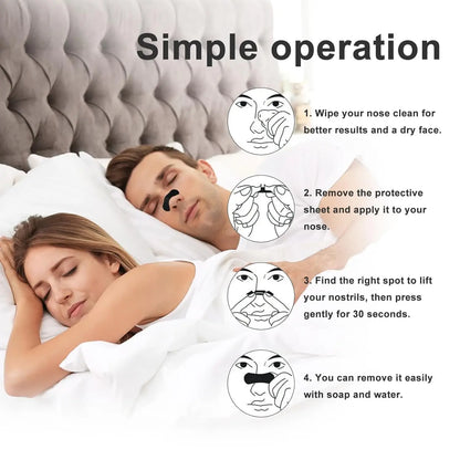 Diagram showing a man and woman lying in bed with step-by-step instructions for using a product on their noses.