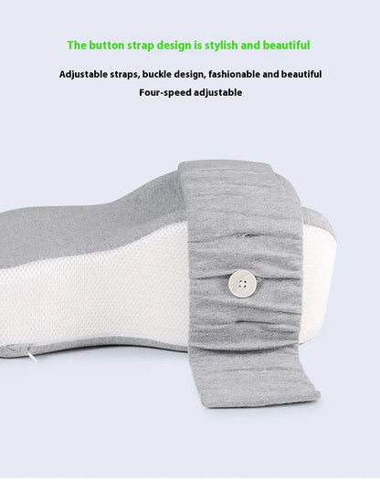 Adjust the strap of the leg pillow using the button. Four adjustable holes.