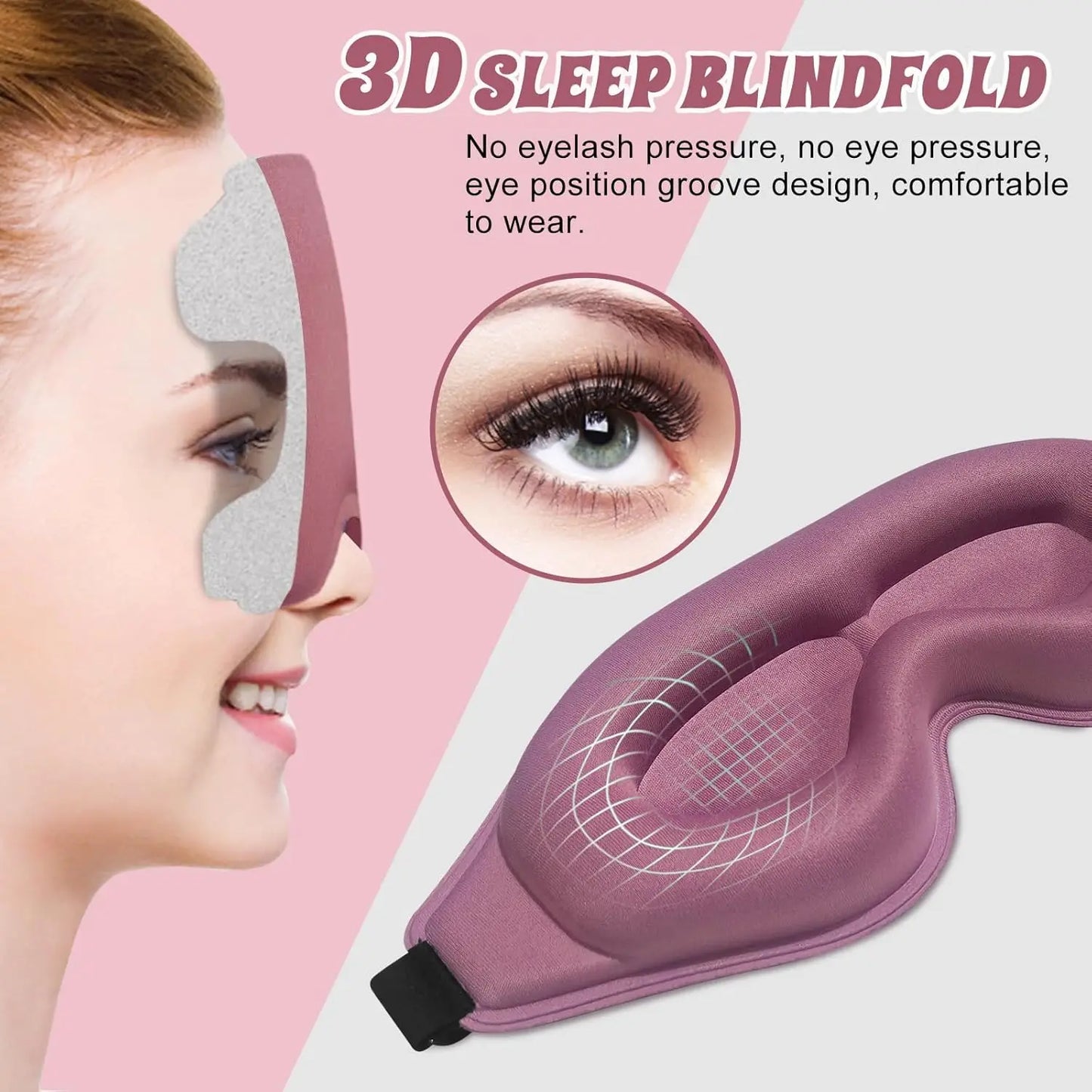 3D sleep blindfold with a woman wearing it and an inset showing eye pressure relief.