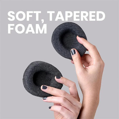Two black soft, tapered foam products held by a hand against a gray background with text 'SOFT, TAPERED FOAM'.