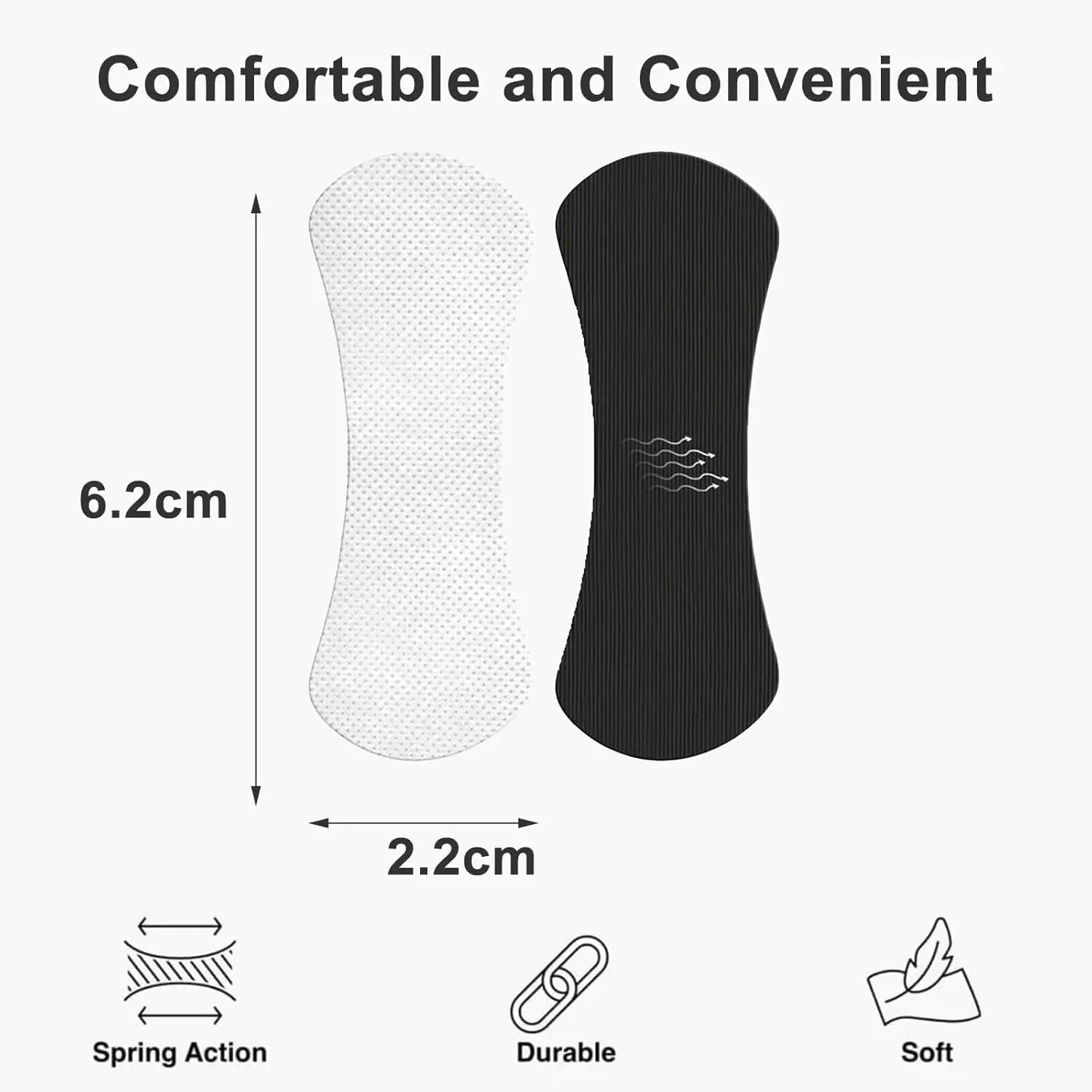 Two insoles, one white and one black, with measurements and feature icons on a white background.