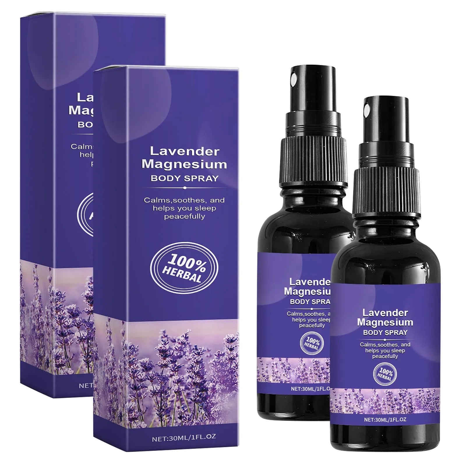 Lavender magnesium body spray with packaging on a white background. 2 bottles.