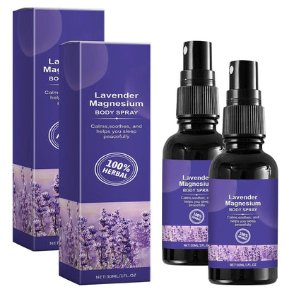 Lavender magnesium body spray with packaging on a white background. 2 bottles.