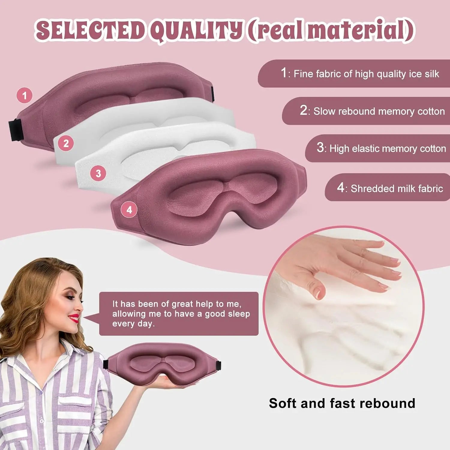 Sleep mask with material details and a woman using it on a pink background