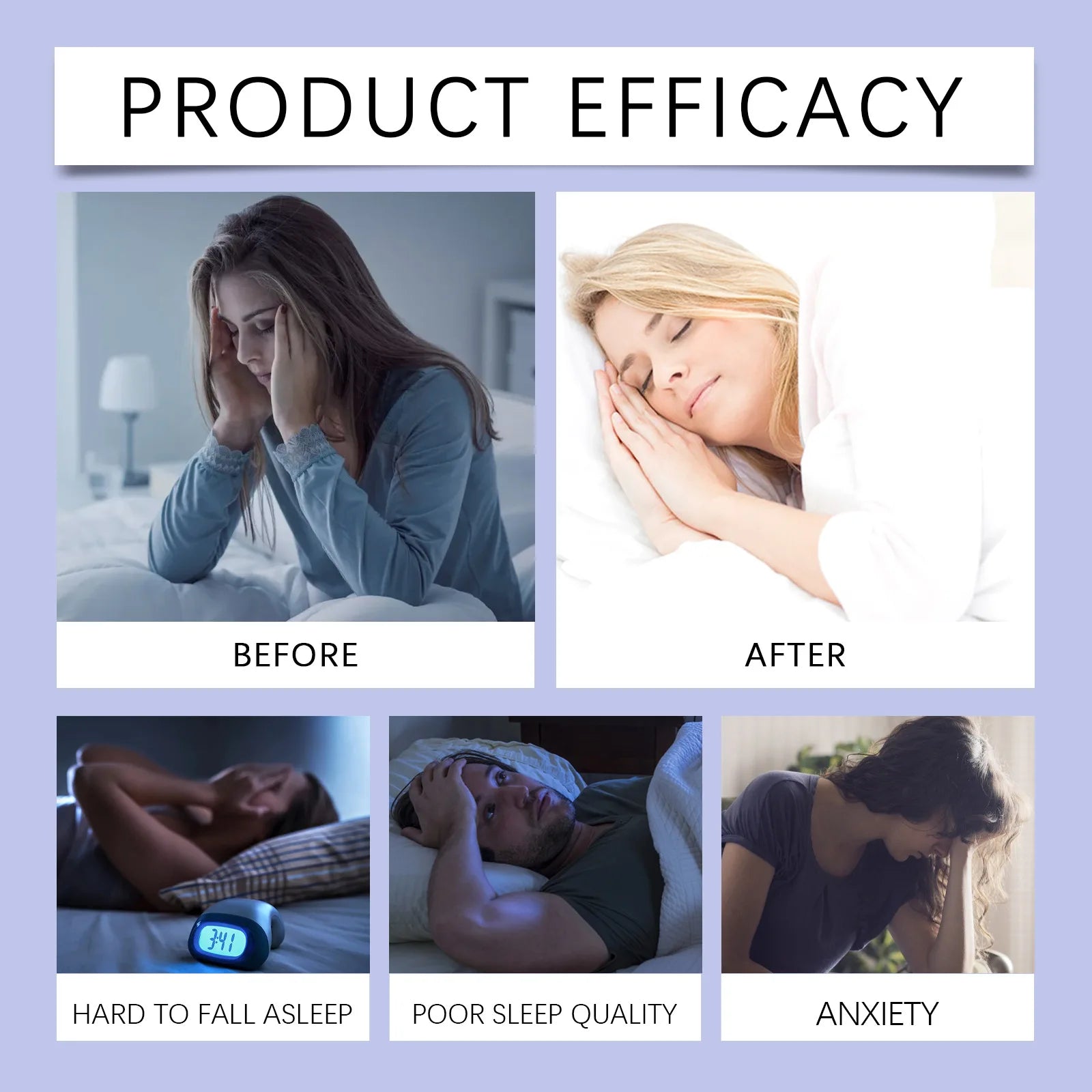 Before and after scenarios of people experiencing sleep issues with product efficacy text.