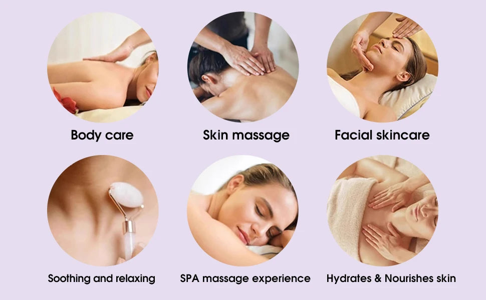 Illustrations of various spa treatments with descriptions on a light purple background.