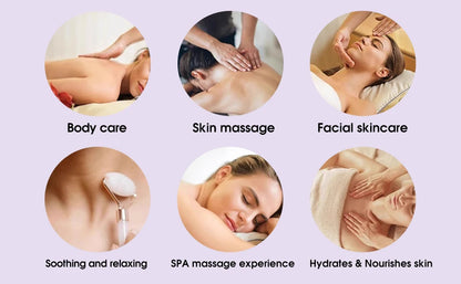 Illustrations of various spa treatments with descriptions on a light purple background.