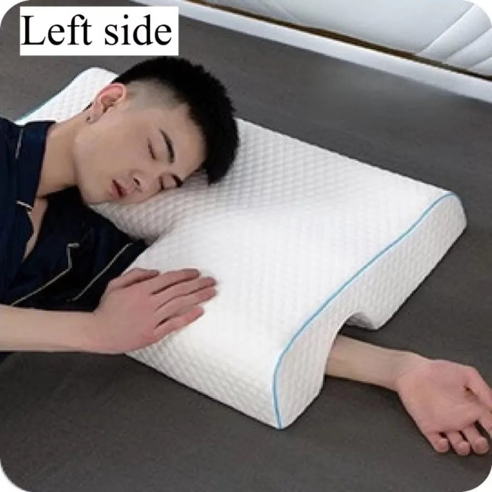 Person sleeping on a left side with an ergonomic pillow.